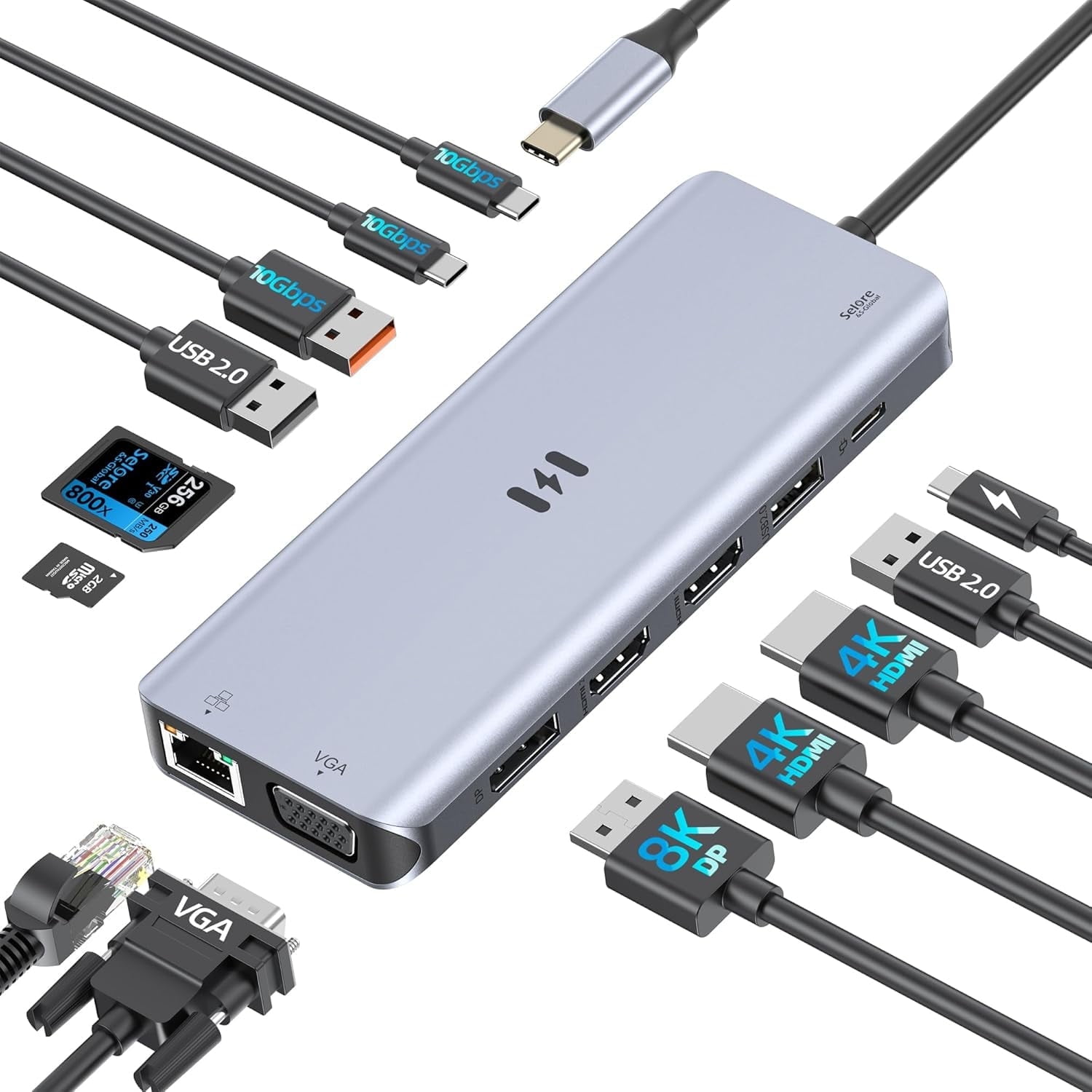 Selore USB-C Triple Display Docking Station, 15-in-1 Laptop Hub with Dual HDMI, 8K DP, VGA, 10Gbps Data Transfer, PD Charging, Compatible with Windows/Mac