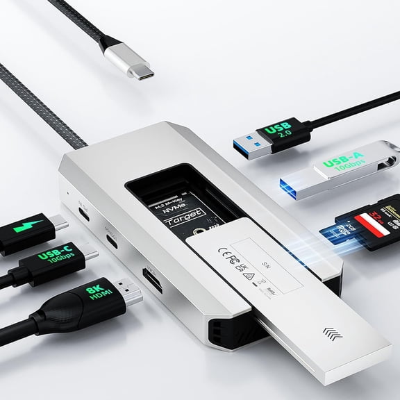 USB C Docking Station,8-in-1 USB-C Hub with M.2 NVMe SATA SSD Enclosure,10Gbps Data Transfer, 8K@30Hz HDMI,87W PD,SD/TF Card Reader,USB 3.2 Hub for MacBook Pro/Air, Dell, HP Laptops