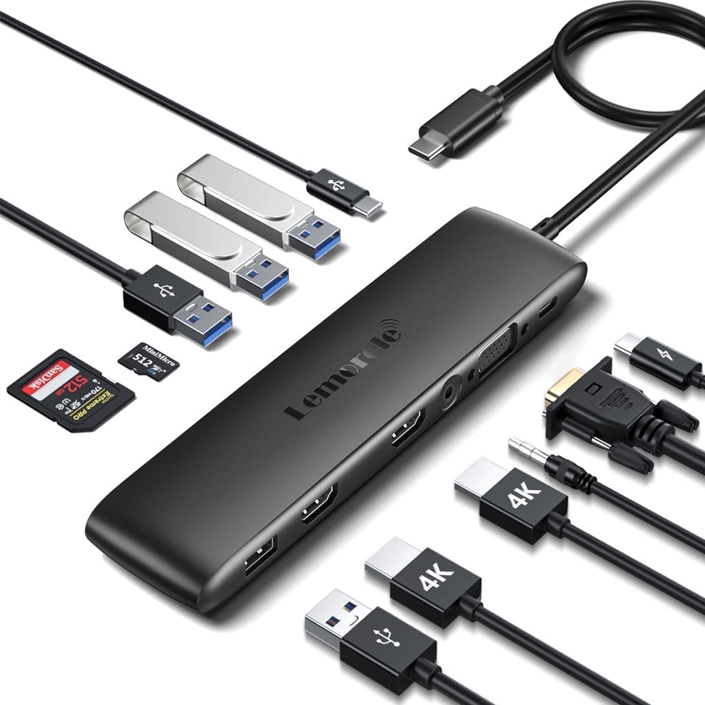 Lemorele Docking Station 12-in-1 USB C Hub, Dual 4k HDMI Adapter, USB 3.2/Type-C 3.1 10Gbps, 100w PD, SD/TF Card Reader, VGA/3.5mm Audio, Type C Hub for Laptops, Macbook Adapter