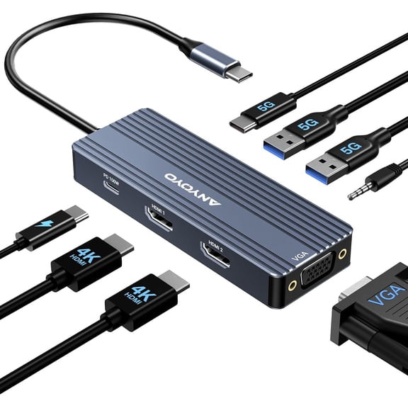 USB C Docking Station Dual HDMI Monitor Adapter 8-in-1 USB C HUB 3 Monitors Adapter with 4K HDMI +VGA +PD100W+Audio Laptop Docking Station for Dell/Lenovo/HP/Samsung/ASUS (Gary)