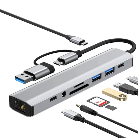 USB C Docking Station with Dual-Head Secure Connector, 8-in-1 Multiport Hub, 4K, VGA, SD/TF Card Reader, 5Gbps USB 3.0, Plug-and-Play for Laptops and Tablets