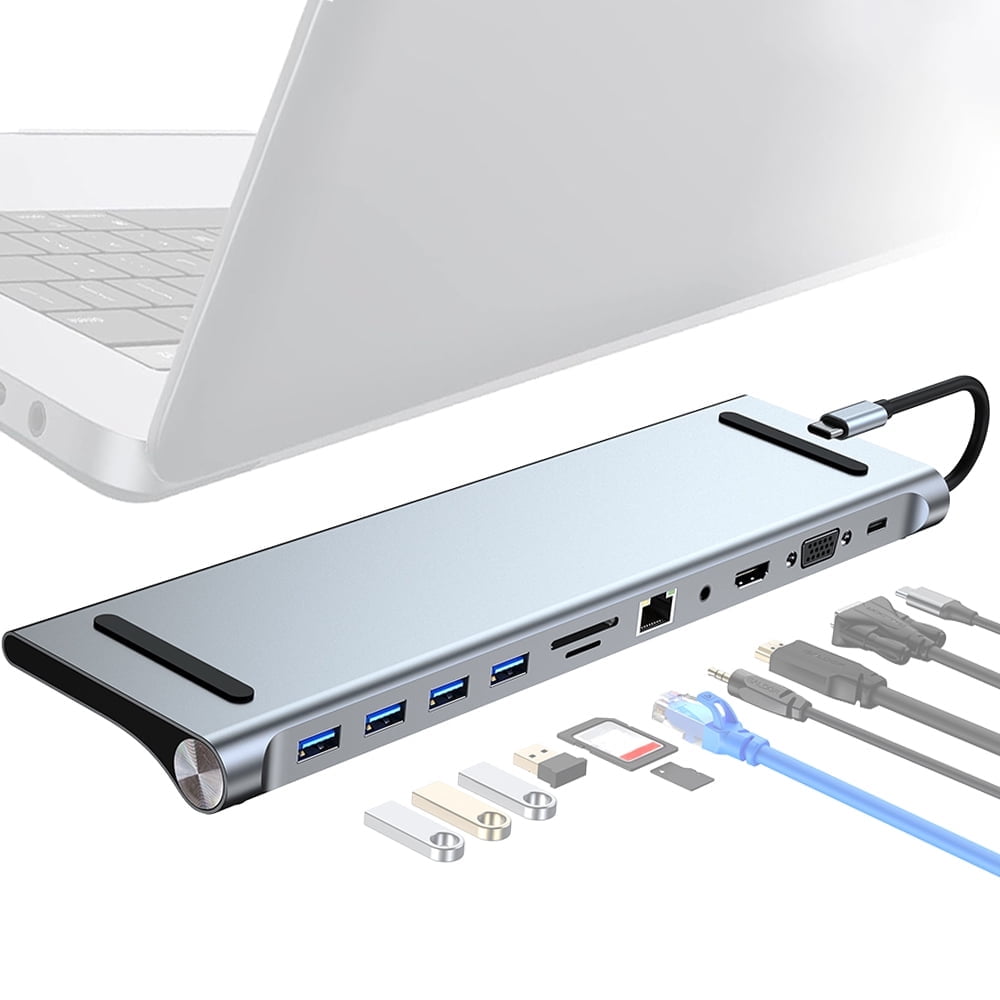 USB C Docking Station Dual Monitor, 11 in 1 Laptop Docking Station MacBook/Windows, USB C Hub Multiport Adapter with 4K, VGA, USB 2.0/3.0, PD 100W, Ethernet, SD/TF Slots, Audio/Mic