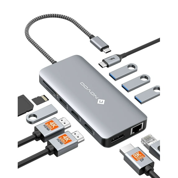 NOVOO USB C Docking Station 11-in-1 USB C Hub Adapter for Laptop,Triple Monitor Dual 4K HDMI Display Port,100W PD Charging,1000Mbps Ethernet,SD/TF,USB 3.0/2.0