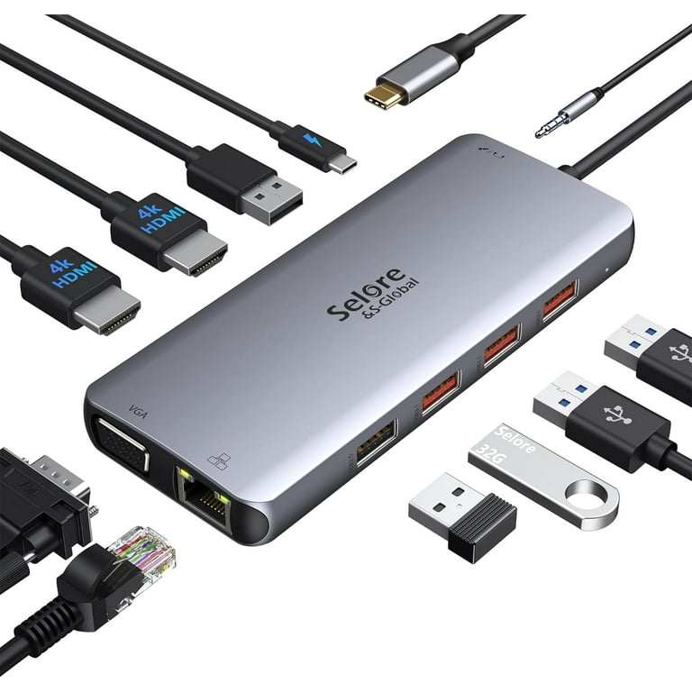 Universal Docking Station Dual Monitor USB C 3.1 Hub Dual HDMI 4K Adapter 10Gpbs Triple Display USB-C Laptop Docking Station with 3USB3.1,2HDMI,VGA