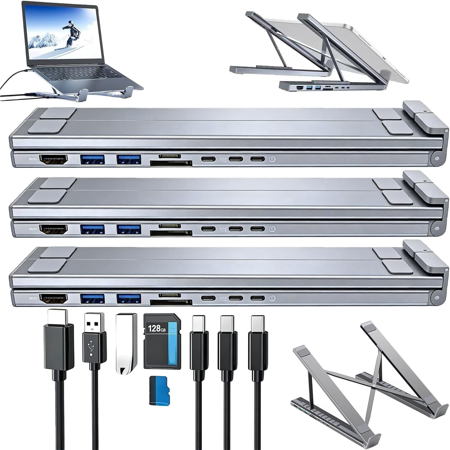 USB-C Docking Station Laptop Stand with 4K , 8 in 1 USB C Laptop Docking Station Stand, Portable Adjustable Computer Holder with USB 3.0, PD 100w, Multiport Adapter for Notebook Tablet (3Pcs)