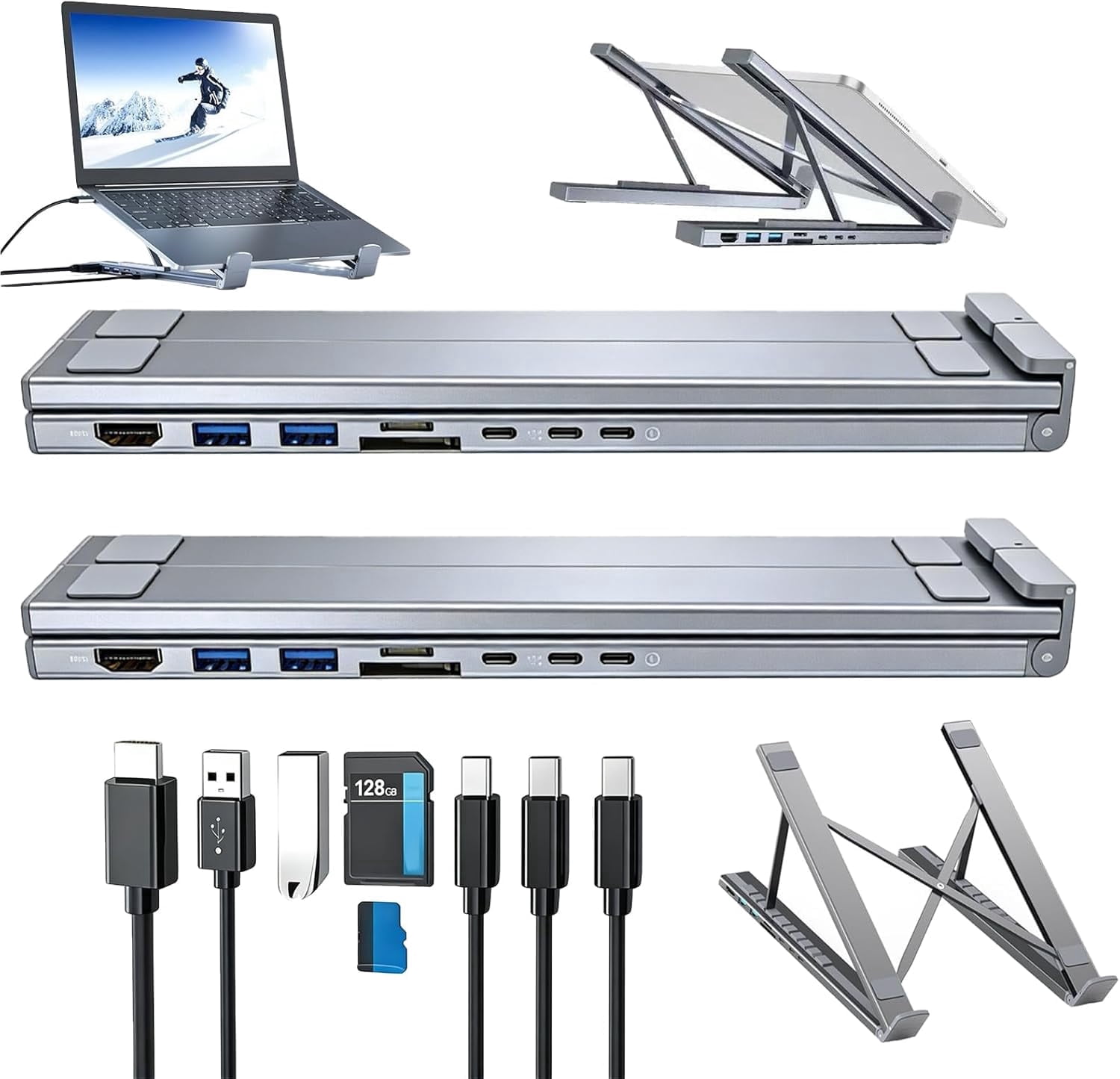Docking Station Laptop Stand with 4K , 8 in 1 USB C Laptop Docking Station Stand, Portable Adjustable Computer Holder with USB 3.0, PD 100w, Multiport Adapter for Notebook Tablet (2Pcs)