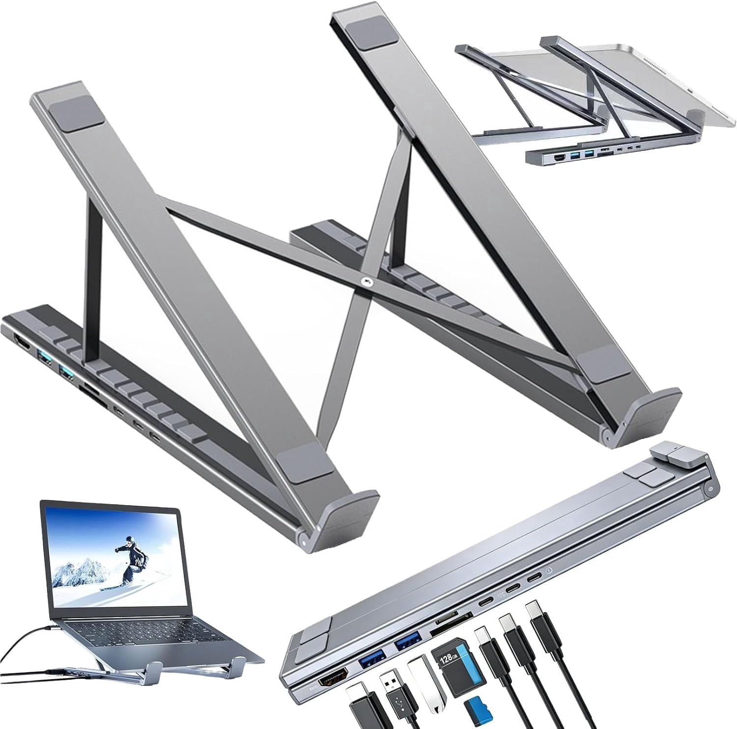 Docking Station Laptop Stand with 4K , 8 in 1 USB C Laptop Docking Station Stand, Portable Adjustable Computer Holder with USB 3.0, PD 100w, Multiport Adapter for Notebook Tablet (1Pcs)