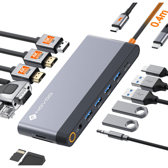 NOVOO 14 in 1 USB C Dock with 8K DisplayPort Dual 4K HDMI VGA and 100W PD