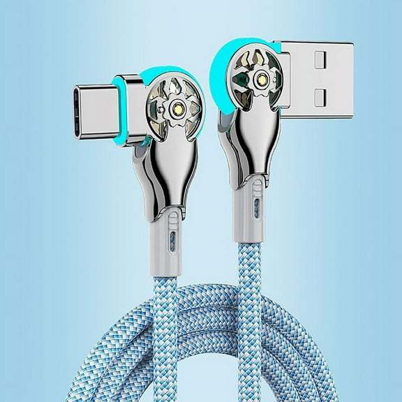 USB C Double Elbow Swivel Charging Cable – Nylon Braided Fast Charge Data Cord with LED Light, 65W PD Compatible, Right Angle Design for Car, Gaming, Desktop – Multiple Lengths & Connectors Available