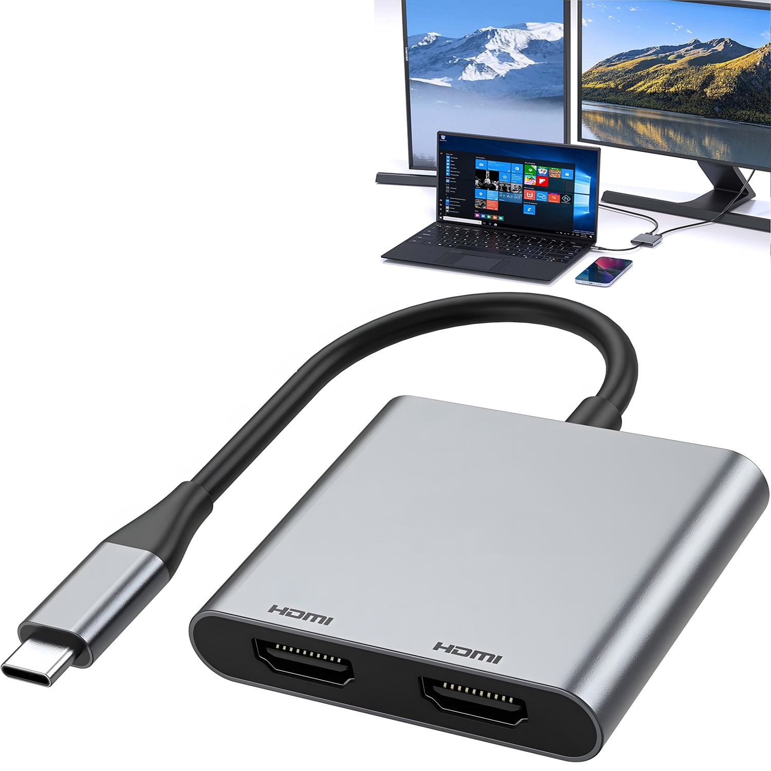 USB C to Dual HDMI Adapter, 2 IN 1 USB C Dual HDMI Monitor Adapter 4K@60Hz,USB C Hub to 2 HDMI Splitter Dual Monitors Adapter for MacBook/Chromebook Pixel/Lenovo/Surface