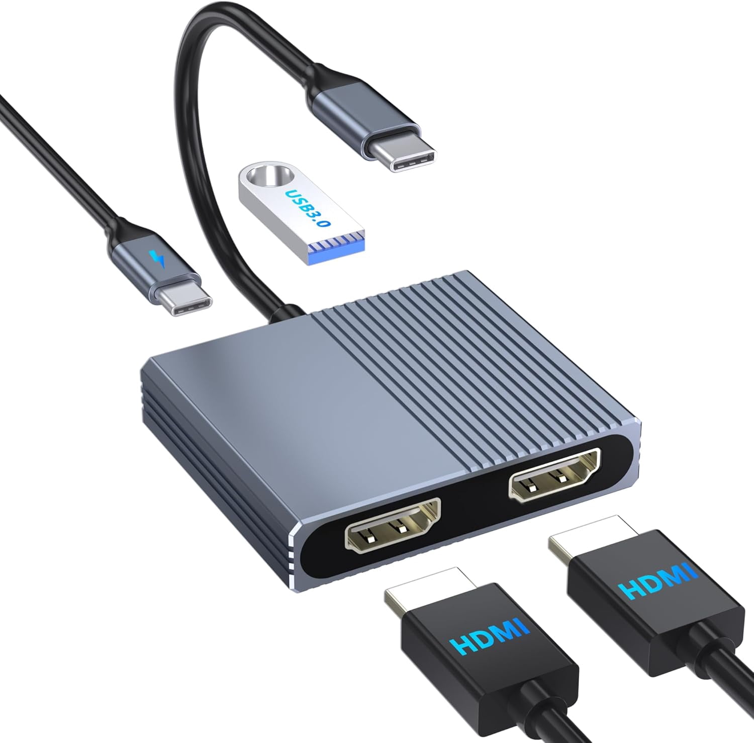 USB C to Dual HDMI Adapter for 2 Monitors, 4-in-1 HDMI Splitter for Dual Monitors Extended Display Support SST/MST with USB3.0/100W PD, USB C Docking Station Double Monitor for MacBook/Dell/HP Laptop