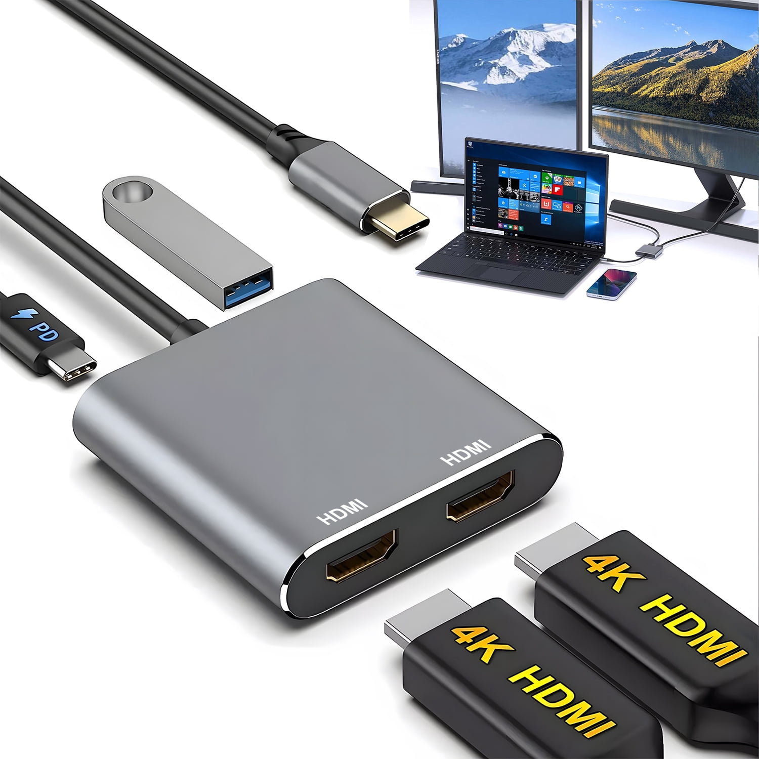 USB C to Dual HDMI Adapter 4-in-1, Full HD 4K@30Hz, USB C Hub Multi-Port Adapter with 2xHDMI, USB 3.0, 100W PD, Supports USB C to HDMI Splitter Expansion of Displays for MacBook Pro/Air/Dell/ipad pro