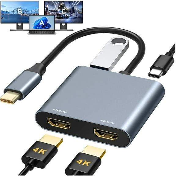 USB C to Dual HDMI Adapter, 4K@30Hz Type-C to HDMI Splitter for Dual Monitors Extend Display for MacBook Pro/Air, Dell XPS 13/15/17, HP, Lenovo, Samsung Galaxy, Surface Type C Laptop