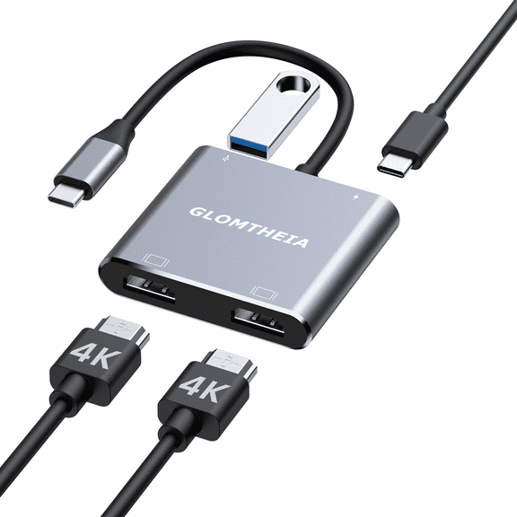 USB C to Dual HDMI Adapter, 4K@60Hz Dual Monitor HDMI Splitter for Extended Display, 100W PD, USB-A Port, Windows Enables 3-Screen Multi-Display, macOS Supports Mirror Mode Only