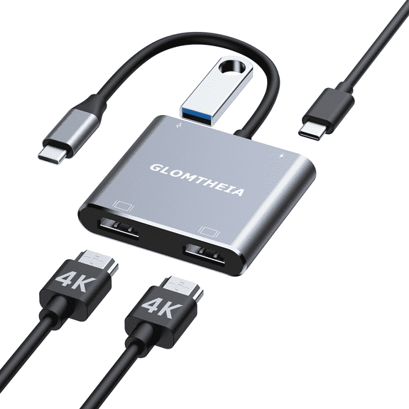 USB C to Dual HDMI Adapter, 4K@60Hz Dual Monitor HDMI Splitter for Extended Display, 100W PD, USB-A Port, Windows Enables 3-Screen Multi-Display, macOS Supports Mirror Mode Only