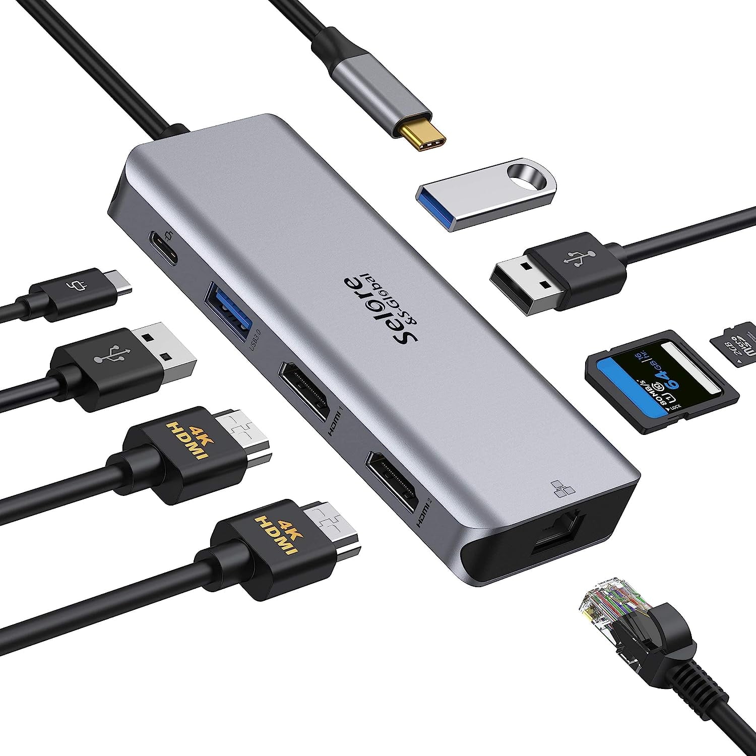 Hiearcool Hub Ethernet USB C, adaptador HDMI USB C de 4K a 60Hz, adaptador  multipuerto tipo C 8 IN1 de 1 Gbps 100 W PD USB C Dock USB3.0 TF/SD Dongle