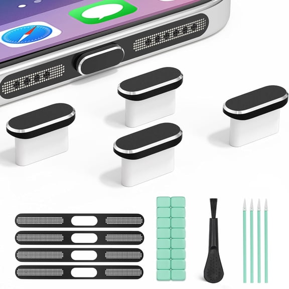 USB C Dust Plug & Speaker Dust Mesh,4 Pack Type C Charging Port Covers for iPhone 17/17 Pro/16/16 Plus/16 Pro/16 Pro Max/15/15 Pro Max, Anti-Dust Phone Accessories (Black)