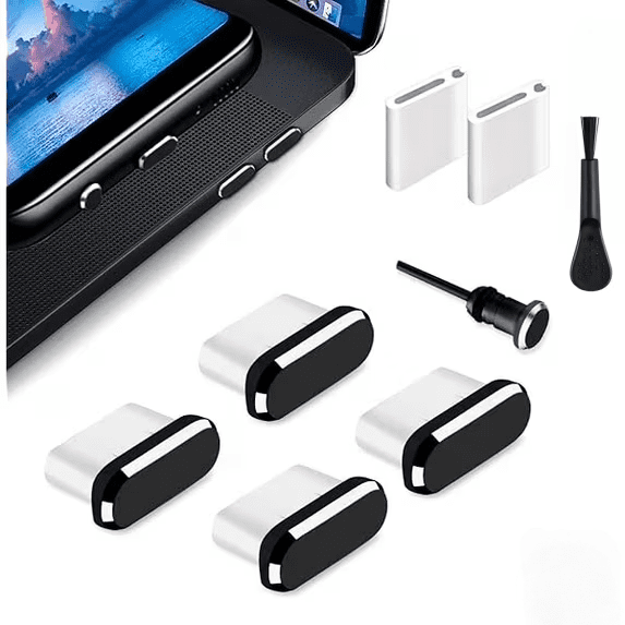 USB C Dust Plug, Type C Dust Cover Charging Port Cap 4 PCS with Cleaning Brush Black, Compatible with iPhone 16 15 Pro Max Plus Samsung S25 S24 Ultra, Anti Lost Phone Accessory Dirt Protector