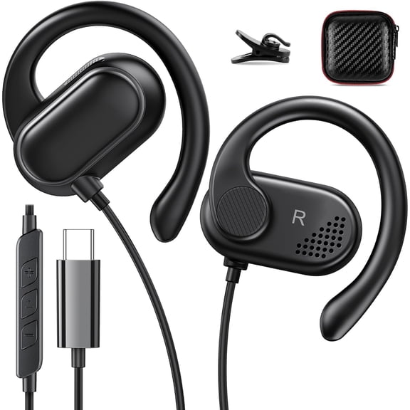 USB C Earbuds Over Ear Headphones for iPhone 17 16 Pro 15 Plus iPad 10th Gen Google Pixel 10 Pro 8 7 Open Ear Sport Headset Wired Type USB C Earphones with Microphone Volume Control Rotatable Earhook