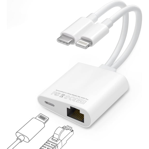 for USB C to Ethernet Adapter, MFi Certified Lightning to 10/100 Gigabit Ethernet Internet Adapter, 2 in 1 RJ45 LAN Network Dongle with PD Charging Prot for iPhone iPad Samsung Android MacBook Laptop