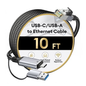 USB-C/USB-A to Ethernet Cable 10ft, Built-in Type-A Adapter, up to 1Gbps Gigabit RJ45 Lan Network Internet Adapter, High-Speed Wired Connection for MacBook Pro, iPad, Windows