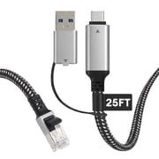 USB-C/USB-A to Ethernet Cable 25ft, Built-in Type-A Adapter, up to 1Gbps Gigabit RJ45 Lan Network Internet Adapter, High-Speed Wired Connection for MacBook Pro, iPad, Windows