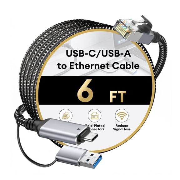 USB-C/USB-A to Ethernet Cable 6ft, Built-in Type-A Adapter, up to 1Gbps RJ45 Lan Network Internet Adapter, High-Speed Wired Connection for Macbook Pro, iPad, Windows