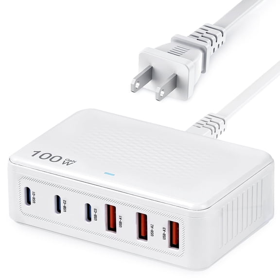 Fast Charger USB C Charger Block , 100W GaN 6 Port Type C Charging Station Hub, Wall Charger Power Strip Adapter Plug for iPad iPhone 16 15 14 13 12 Pro Max Pixel Note Galaxy, 5ft Cord (White)