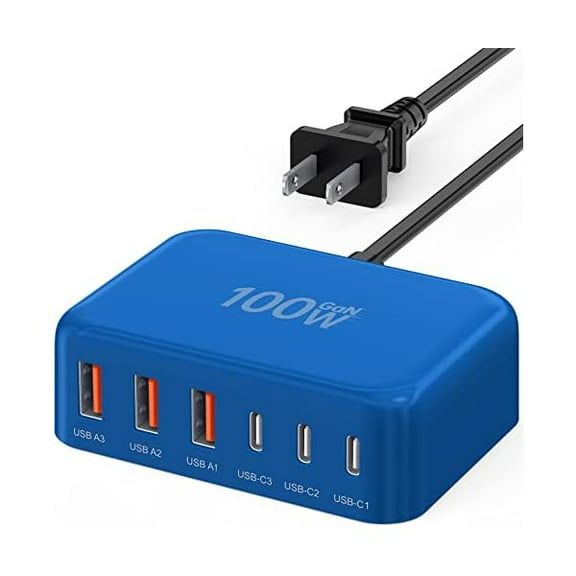 USB C Fast Charger 100W GaN 6 Port Type USB C Charging Station Hub Block Wall Charger Power Strip Adapter Plug Cube Brick 3 USB A for iPad iPhone16 15 14 13 12 11 Pro Max Pixel Note Galaxy