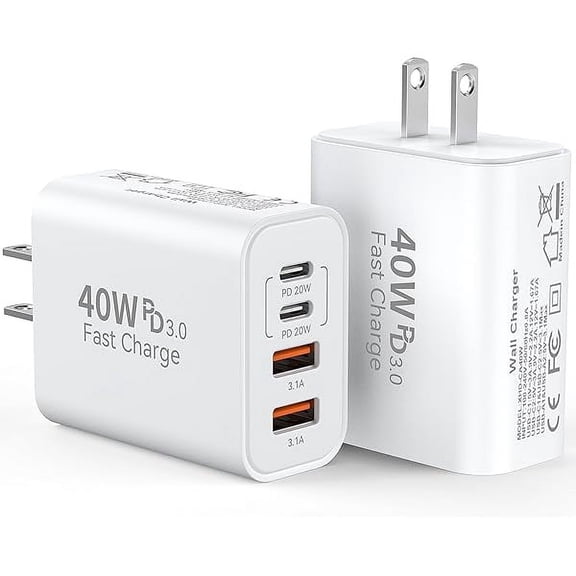 USB C Fast Charger Block, 40W 4 Ports USB C Fast Charging Block PD Power Adapter+QC 3.0 USB Wall Charger Plug Cube Multi-Port Type C Brick Box for iPhone 16/15/14/13/12 Pro Max, iPad, Samsung, 2Pack
