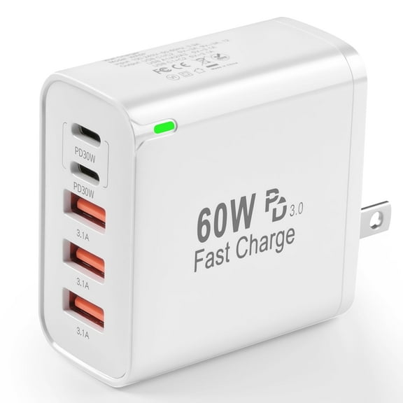 USB C Fast Charger Block, 60W 5-Port USB C Wall Charger 30W Type C Charging Block, 2USB C+3USB A PPS/PD 3.0 Multiport Charging Cube Compatible with iPhone 17 16 15 14 13 Pro Max, Galaxy S25 S24 Ultra