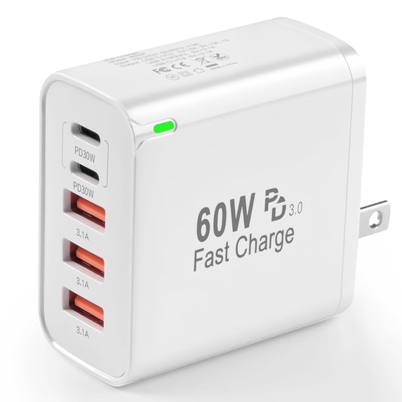 USB C Fast Charger Block, 60W 5-Port USB C Wall Charger 30W Type C Charging Block, 2USB C+3USB A PPS/PD 3.0 Multiport Charging Cube Compatible with iPhone 17 16 15 14 13 Pro Max, Galaxy S25 S24 Ultra