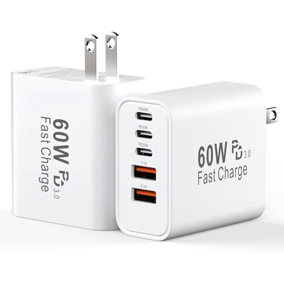 USB C Fast Charger Block, 60W Wall Charger Plug, 2Pack 5-Port Type C Phone Charging Cubes Power Adapter Multiport Brick Compatible with iPhone 17/16/15/14/13/Pro Max/Plus,Galaxy S26 Ultra S25 Case