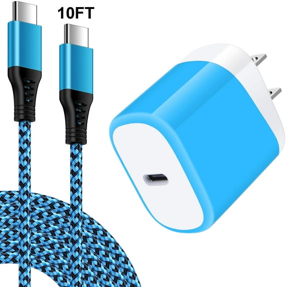 USB C Fast Charger Block,HopePow PD 20W USB C Block Adapter Plug Brick Wall Charger with USB C Charger Cable 10ft,Android Phone Type C Charger Fast Charging 10 Feet,Blue