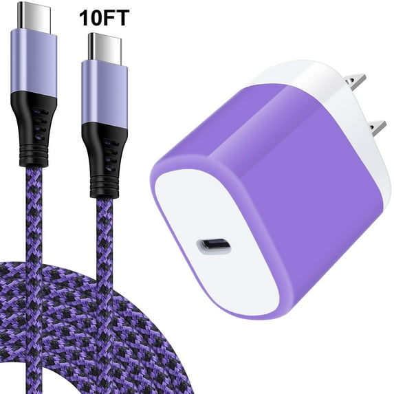 USB C Fast Charger Block,HopePow PD 20W USB C Block Adapter Plug Brick Wall Charger with USB C Charger Cable 10ft,Android Phone Type C Charger Fast Charging 10 Feet,Purple