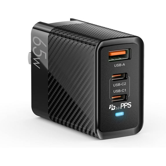 GKEAPZA 65W USB C Fast Charger,  Dual Type C Port Charging, 3 in 1 Foldable Plug Mini Travel Adapter Compatible with iPhone/Samsung