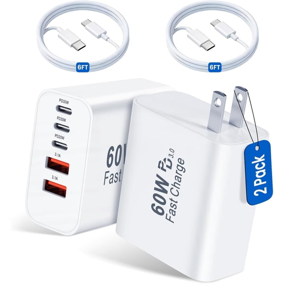 USB C Fast Charging Block, 2Pack 60W 5-Port Charging Cubes with 2pcs 3A Cable, 3 USB C+2 USB A PD&QC3.0, Multi-Port Power Adapter Compatible with iPhone 17/16/15/14/13/12, iPad, Galaxy S25/S24