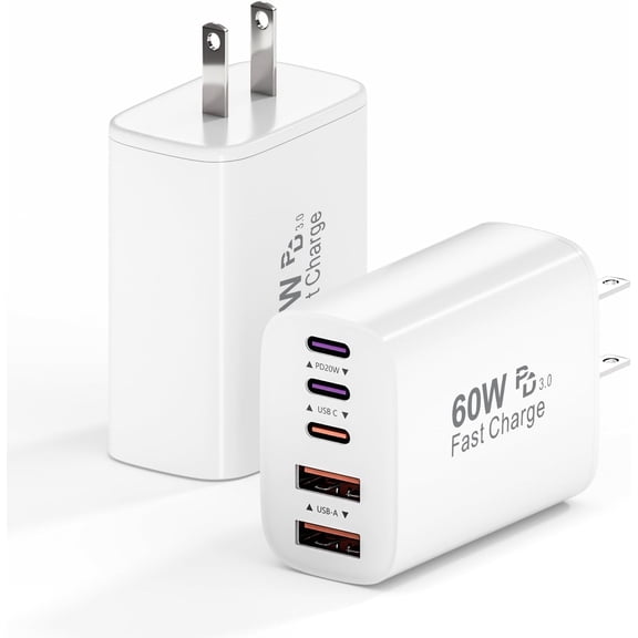 USB C Fast Wall Charger Block, 2Pack 60W USB C Charging Cubes, 5-Port PD+QC Power Adapter Multiport Brick Type C Box Plug for iPhone 17/16/15/14/13 Pro Max, iPad, Galaxy S25
