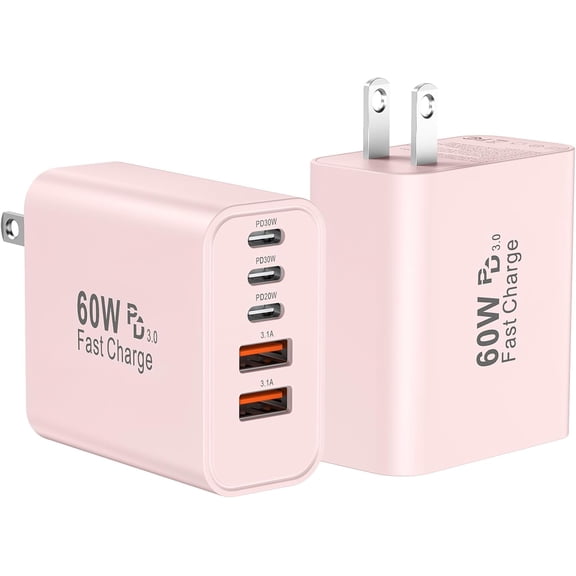 USB C Fast Wall Charr Block, 2Pack 60W USBC Charging Cubes, 5-Port PD+QC Power Adapter Multiport Brick Type C Box Plug for Phone 16/15/14/13/12/11/Pro Max/Plus, Pad Mini/Pro/S25/S24-Pink