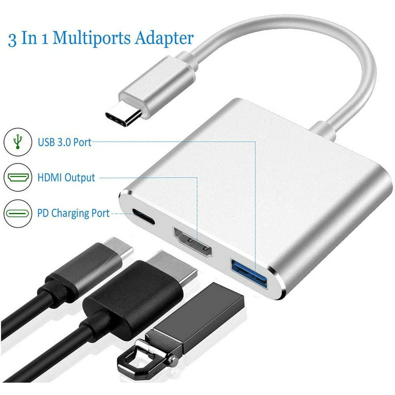 3-in-1 Type C to HDMI Multiport Adapter, Type C Hub with USB 3.0 + USB-C  Charging Port - Digital Converter Compatible for TV and Nintendo Switch 