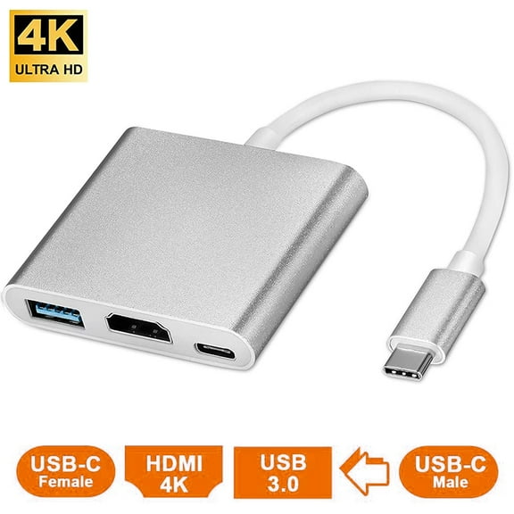 USB C to HDMI Adapter 3 in 1 Type C Adapter Multiport AV Converter 4K USB 3.0 Type C to HDMI with USB-C Charging Port Compatible with MacBook Pro/MacBook Air (Silver)