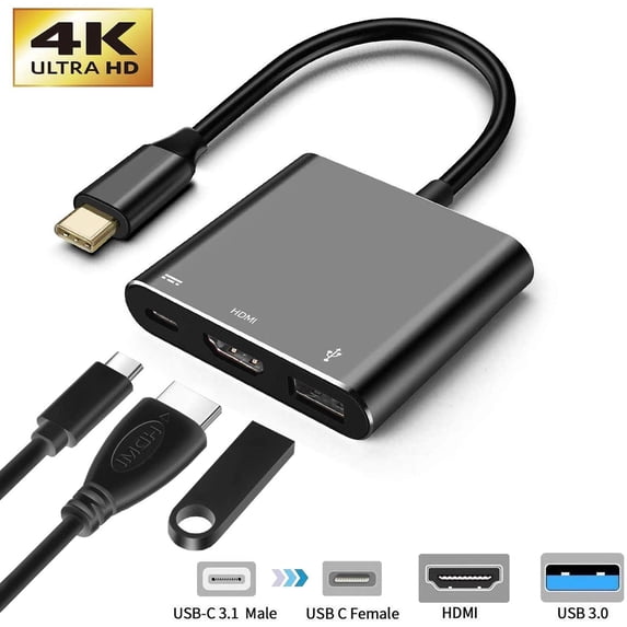 USB-C to HDMI Adapter 3-in-1 Type C Adapter Multiport AV Converter USB 3.0 Type-C to HDMI 4K Compatible with MQQBook Pro/iPad Pro/S8+/S9+/Projector/Monitor (Silver)