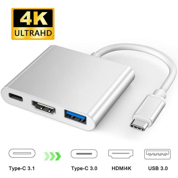 USB C to HDMI Adapter, 4K USB Type-C (Thunderbolt 3) Multiport Hub, 3 in 1 HDMI Port, USB 3.0 Port and USB C Fast Charging Port, Compatible with MacBook Pro 2020/2019, Ipad pro 2020 (Silver)