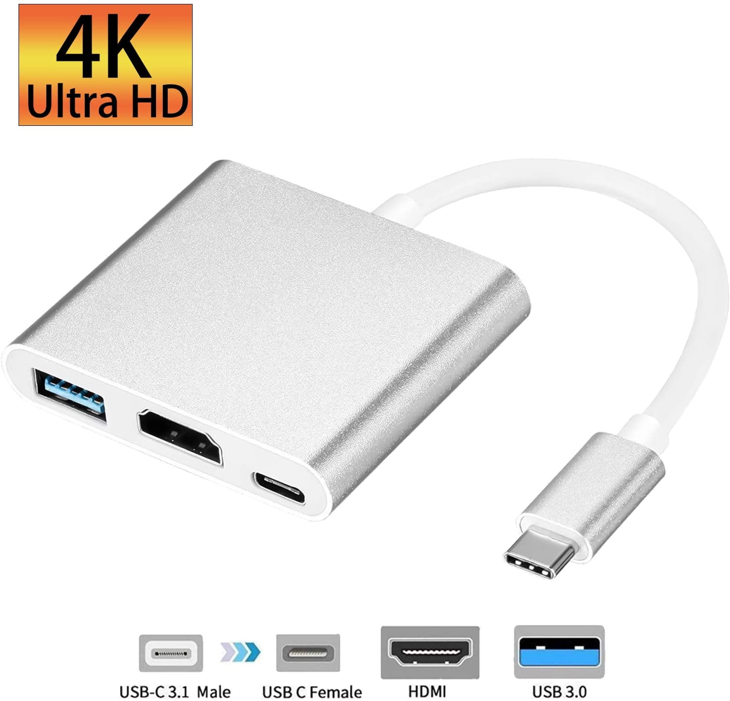 USB-C to HDMI Adapter, USB 3.1 Type C to HDMI 4K Multiport AV Converter with USB 3.0 Port and USB C Charging Port Compatible MacBook/Chromebook Pixel/Dell XPS13/Samsung s10/s9 (Silver)