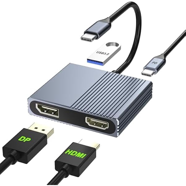 USB C to HDMI and DisplayPort Adapter, 4K @60Hz Dual Monitor Adapter for Dell/HP/Mac Laptops, USB Type C to Display Port and HDMI Multiport with USB3.0/PD, USB C Hub, Docking Station Dual Monitor