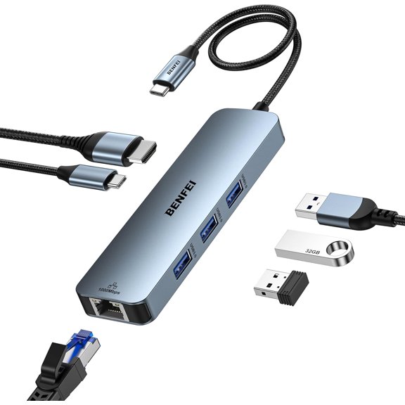USB C HUB 6-in-1 with HDMI(4K@60Hz), Gigabit Ethernet, 100W Power Delivery, 3*USB 3.0, Silicone Cable, Aluminum Case Compatible with iPhone 15 Pro/Max, MacBook, iPad Pro, iMac, S23, XPS17