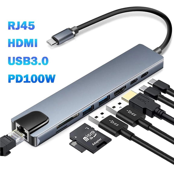 USB C HUB, 8 in 1 USB C Adapter with 4K HDMI, 100W PD, USB C Port, USB 3.0, RJ45 Ethernet, SD/TF Card Reader, Docking Station Compatible with MacBook Pro/Air USB C Laptops and Other Type C Devices