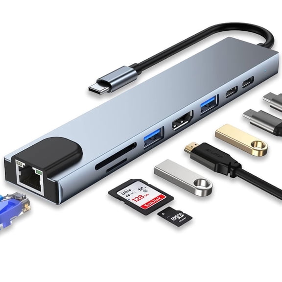 USB C HUB, 8 in 1 USB C Adapter with 4K HDMI, 100W PD, USB C Port, USB 3.0, RJ45 Ethernet, SD/TF Card Reader, Docking Station Compatible with MacBook Pro/Air USB C Laptops and Other Type C Devices