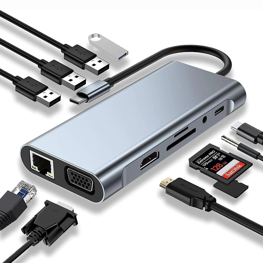 USB C HUB / Adapter 11 in 1 Dongle with 4K HD VGA Type C PD USB3.0 RJ45 Ethernet SD/TF Card Reader 3.5mm AUX Docking Station Compatible with MacBook Pro/Air Other Type C Laptops