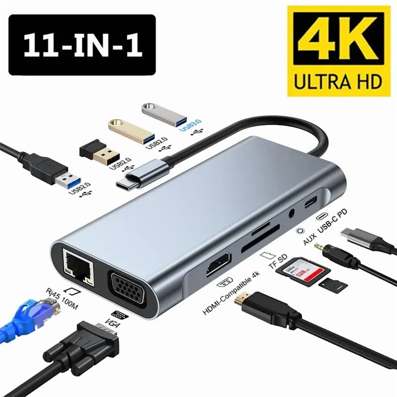 USB C HUB, USB C Adapter 11 in 1 Dongle with 1000Mpbs lan 4K HDMI, VGA, C Type PD, USB3.0, RJ45 Ethernet, SD/TF Card Reader, 3.5mm AUX, Docking Station Compatible